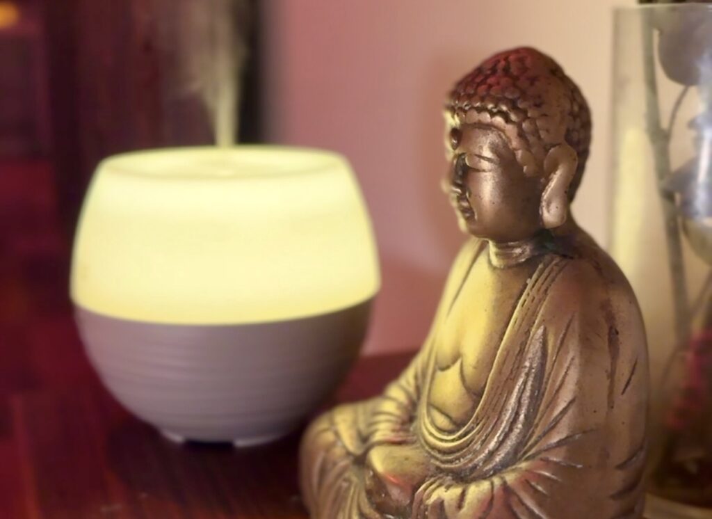 Buddha statue and essential oil diffuser at Laya Spa & Yoga in West Queen West Toronto