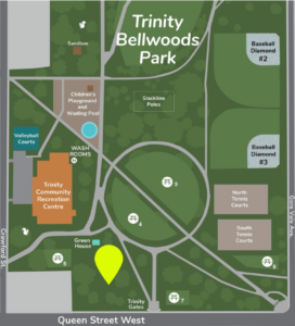 Sitemap of Trinity Bellwoods Park with location point in SouthWest corner.