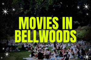 Movie Nights in Bellwoods poster, with a darkened image of people on blankets in a park, with a starry sky and the title over top